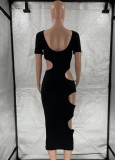 Sexy Black Hollow Out Short Sleeve Midi Dress