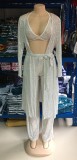 Sequin Silver Bra and Pants with Matching Long Cardigan 3PCS Set