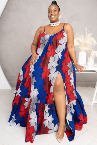 Plus Size Print High Slit Sexy Long Cami Dress