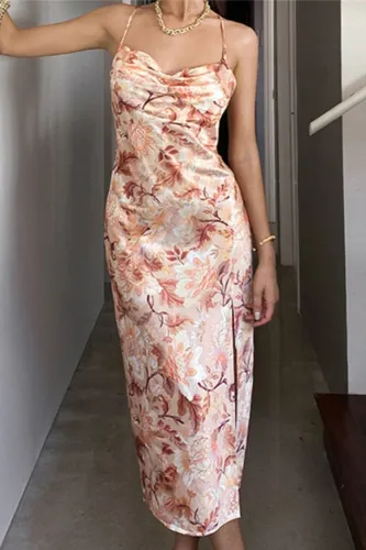 Print Apricot Side Slit Cross Back Long Dress