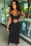 Black Sexy Cut Out Halter Ruched Maxi Dress