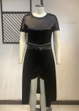 Black Slit Front Long Top and Biker Shorts Plus Size Two Piece Set