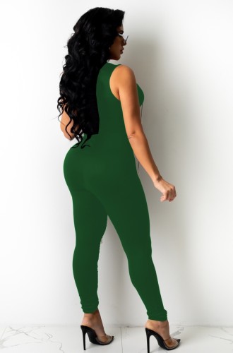 Green Sexy Ripped Lace Ups Sleeveless Bodycon Jumpsuit