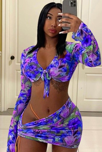 Print Sexy Tie Full Sleeve Crop Top and Ruched Mini Skirt 2PCS Set