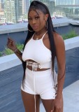White Lace Up Halter Crop Top and Shorts 2PCS Set