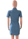 Button Up Short Sleeve Blue Denim Bodycon Dress