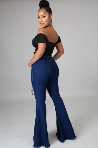 High Waisted Hollow Out Bell Bottom Blue Jeans