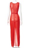 Sexy Hollow Out Red Slit Sleeveless Long Dress