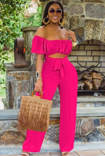 Hot Pink Cut Out Short Sleeves Sexy Off Shoulder Jumpsuit