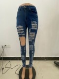 Blue Ripped Damaged Holes Stylish Jeans