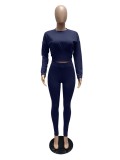 Navy Long Sleeve Crop Top and Pants Casual Two Pieces