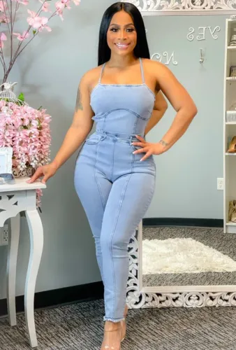 Light Blue Halter Strappy Back Tight Denim Jumpsuit