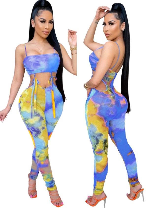 Tie Dye Sexy Cut Out Cami Ruched Bodycon Jumpsuit