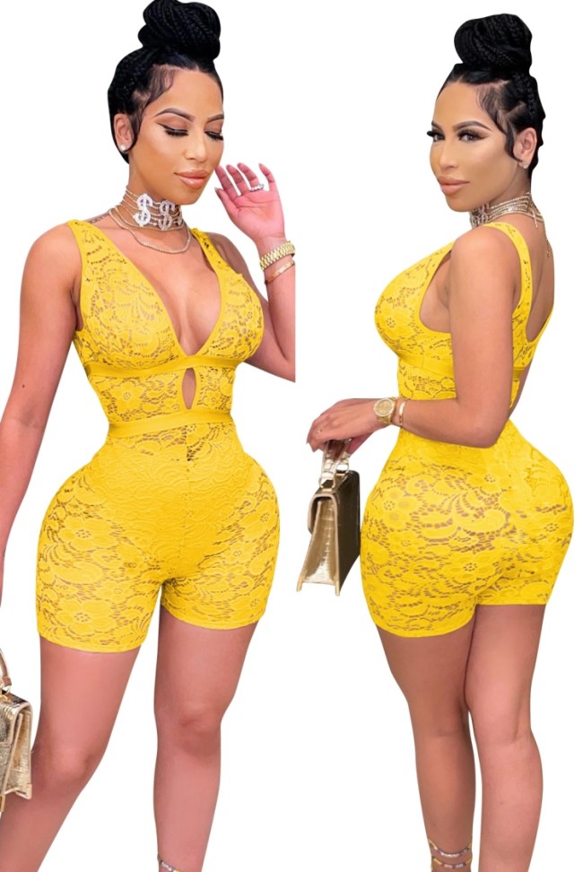 Sexy Transparent Lace Yellow Sleeveless Bodycon Rompers
