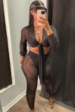Black See Through Mesh Sexy Crop Top and Pants Two Pieces