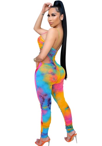 Tie Dye Sexy Cut Out Cami Ruched Bodycon Jumpsuit