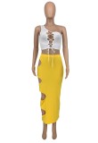 White Lace Up One Shoulder Crop Top and Hollow Out Yellow Skirt Two Piece Set