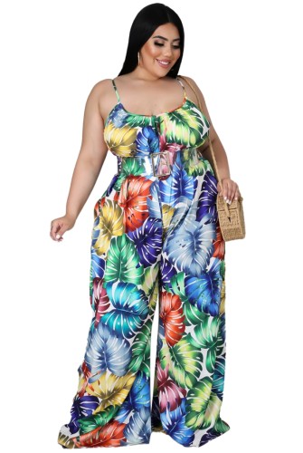 Plus Size Tropical Print Wide Leg Cami Jumpsuit