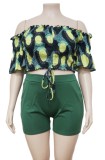 Plus Size Off Shoulder Print Ruched Crop Top and High Waist Shorts Two Piece Set