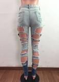 High Waisted Light Blue Tight Ripped Damaged Jeans