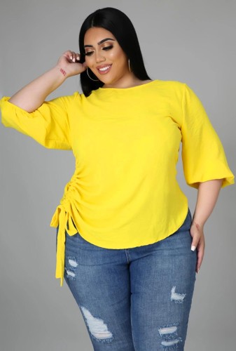 Plus Size Casual Yellow Side Strings O Neck Shirt