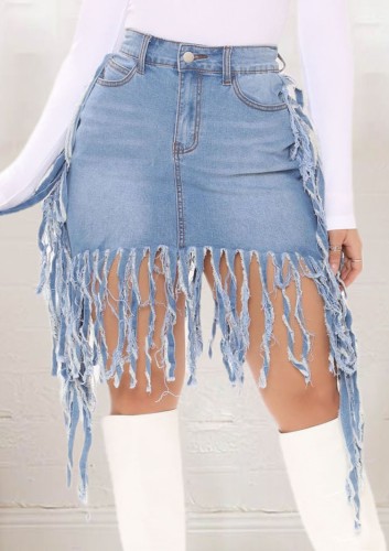 Light Blue High Waisted Tassel Denim Short Skirt