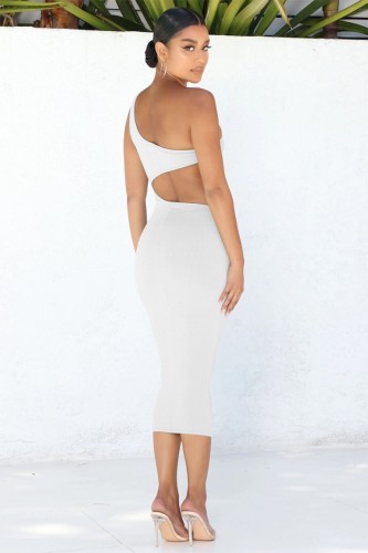 White Sexy Cut Out Waist One Shoulder Sleeveless Bodycon Dress