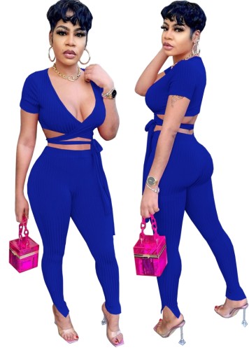 Blue Ribbed Wrap knotted Crop Top and Pants Two Piece Set