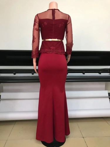 Long Sleeve Lace Mermaid Red Evening Dress with Matching Belt