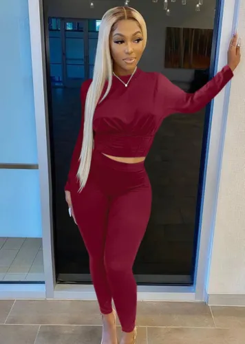 Red Long Sleeve Crop Top and Pants Casual Two Pieces