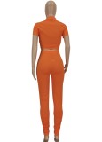 Sexy Orange Tie Front Ribbed Crop Top and Stack Pants Set