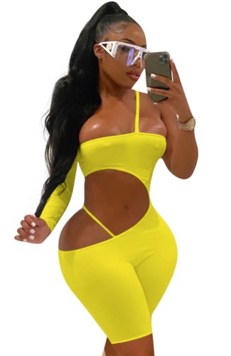 Yellow Sexy Cut Out One Shoulder Bodycon Rompers