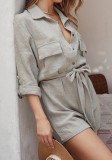 Gray Long Sleeve Belted Casual Rompers