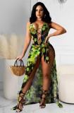 Sexy Lace Up Floral Bodysuit and Skirt Cover Up 2PCS Set