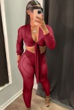 Red See Through Mesh Sexy Crop Top and Pants Two Pieces