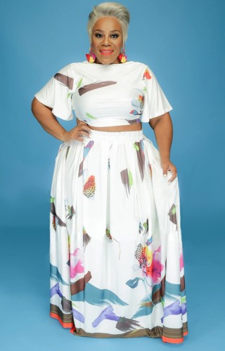 Plus Size White Floral Short Sleeve Crop Top and Long Skirt Set
