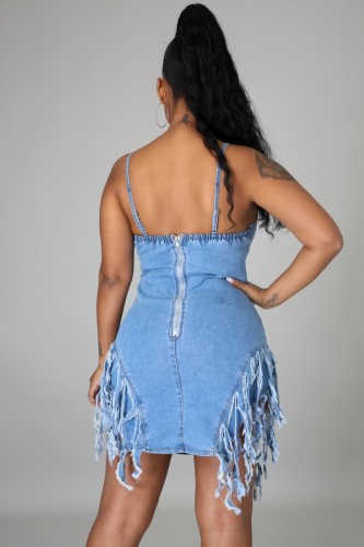 Blue Fringe Denim Strap Slinky Dress