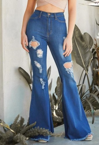High Waisted Ripped Holes Bell Bottom Blue Jeans
