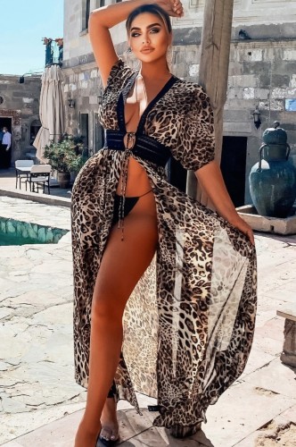 Print Leopard Short Sleeve Kimono Beach Cover Up