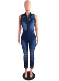 Blue Button Up Short Sleeve Fitted Ripped Denim Jumpsuit