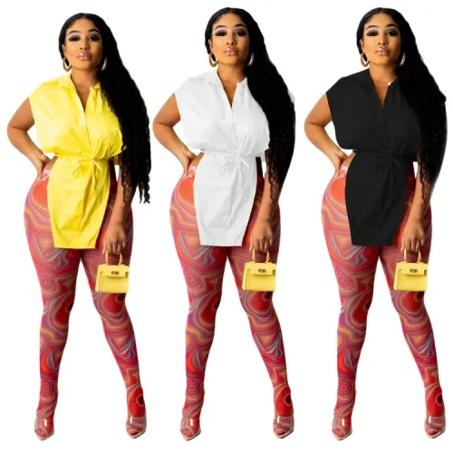 Black Sexy Slit Sides Tie Waist Irregular Tops