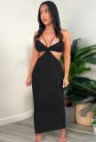 Black Cut Out Sexy Ribbed Strap Dress