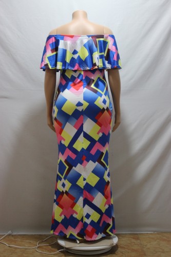 Off Shoulder Geometric Print Plus Size Maxi Dress
