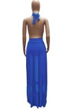 Blue Sexy Deep-V Halter Backless Long Sundress