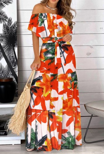 Floral Ruffle Off Shoulder Resort Maxi Dress with Belt