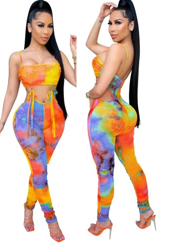 Tie Dye Sexy Cut Out Cami Ruched Bodycon Jumpsuit