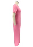 Plus Size Pink O Neck Short Sleeve Loose Jumpsuit