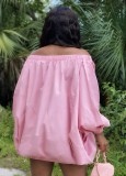 Pink Off Shoulder Puff Sleeve Loose Sexy Dress