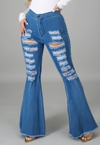 Blue High Waisted Ripped Bell Bottom Jeans