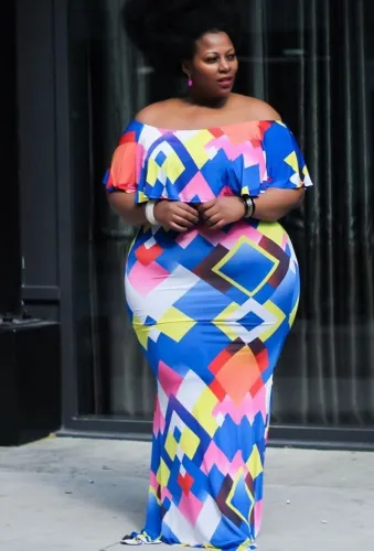 Off Shoulder Geometric Print Plus Size Maxi Dress